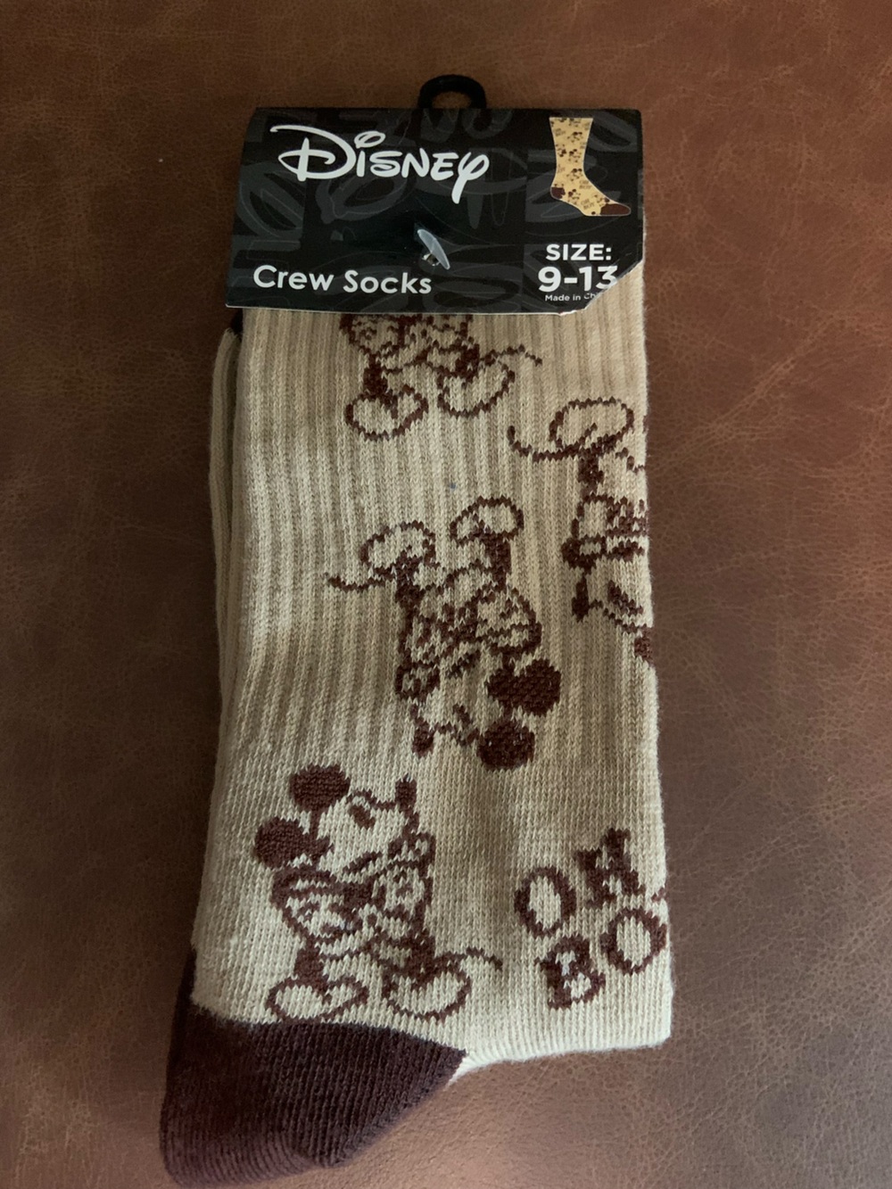 Disney Crew Socks in Cream with Brown Mickey Pattern